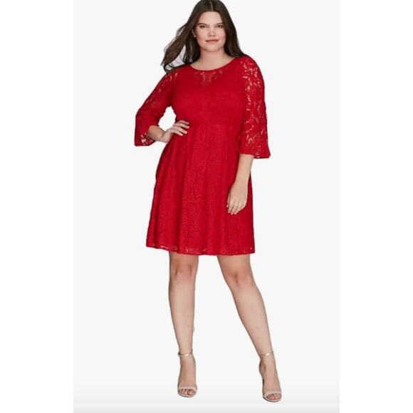 Lane Bryant Red Lace Dress Fit & Flare Bell Sleeve 24 24W Holiday Christmas - Picture 1 of 10